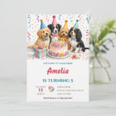 かわいい水彩パピーズパーティーケーキ誕生日 招待状 (スタンド正面)