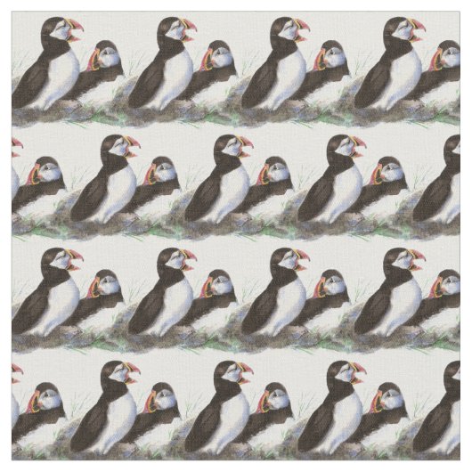 かわいい水彩パフィン鳥自然アート ファブリック (クローズアップ)