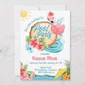 かわいい水彩ピンクのフラミンゴプールパーティー 招待状 (正面)