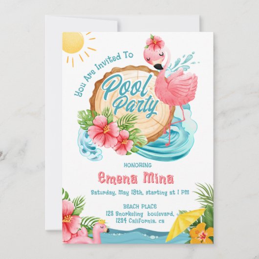 かわいい水彩ピンクのフラミンゴプールパーティー 招待状 (正面)