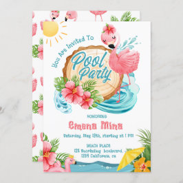 かわいい水彩ピンクのフラミンゴプールパーティー 招待状