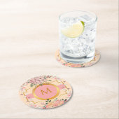 かわいい水彩ピンクの花々彼女のためにモノグラーム ラウンドペーパーコースター (インサイチュ)