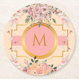 かわいい水彩ピンクの花々彼女のためにモノグラーム ラウンドペーパーコースター