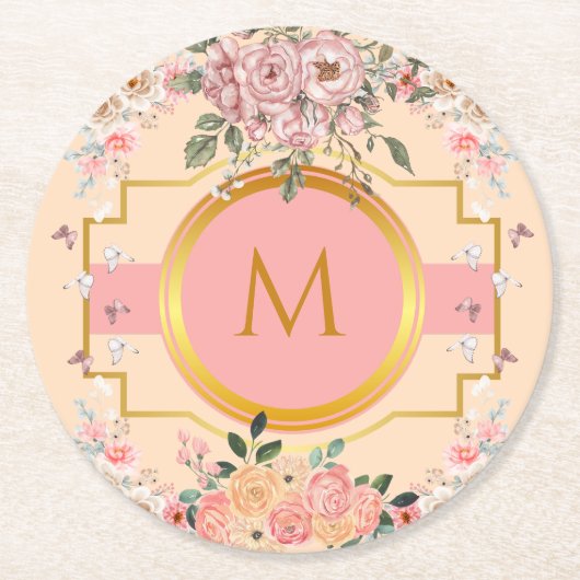かわいい水彩ピンクの花々彼女のためにモノグラーム ラウンドペーパーコースター (正面)
