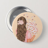 かわいい水彩ピンクの花々彼女のためにモノグラーム 缶バッジ (正面&裏面)