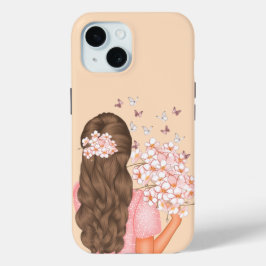 かわいい水彩ピンクの花々彼女のためにモノグラーム iPhone 15ケース