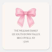 かわいい水彩ピンクの蝶結び　コケッティ　送り先住所 スクエアシール (正面)