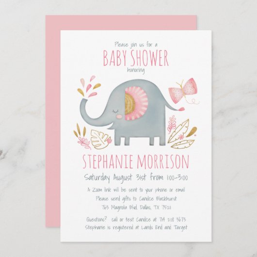 かわいい水彩ピンクの象の女の子のベビーシャワー 招待状 (正面/裏面)