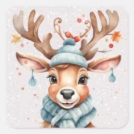 かわいい水彩ファンタジーなクリスマスツリーの鹿 スクエアシール