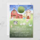 かわいい水彩ファームアニマルズ子供の誕生日 招待状 (正面)