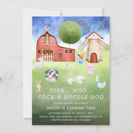かわいい水彩ファームアニマルズ子供の誕生日 招待状 (正面)