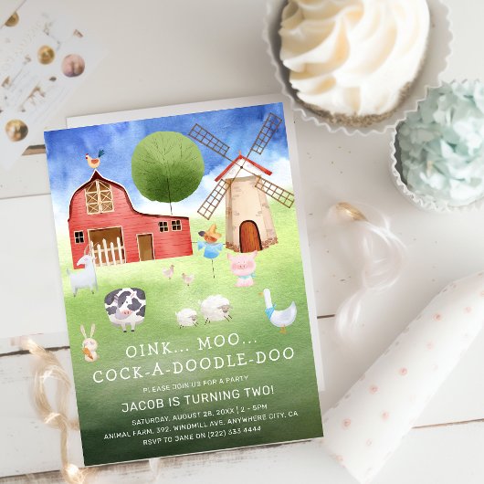 かわいい水彩ファームアニマルズ子供の誕生日 招待状