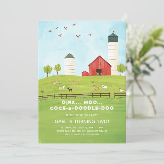 かわいい水彩ファームアニマルズ子供の誕生日 招待状 (スタンド正面)