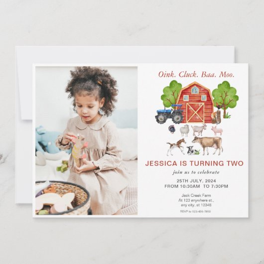 かわいい水彩ファームアニマルズ子供の誕生日 招待状 (正面)