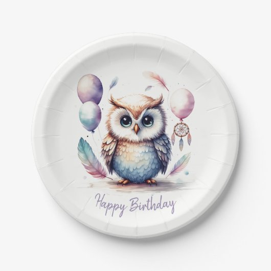 かわいい水彩フクロウの赤ちゃん風船 誕生日 ペーパープレート (正面)