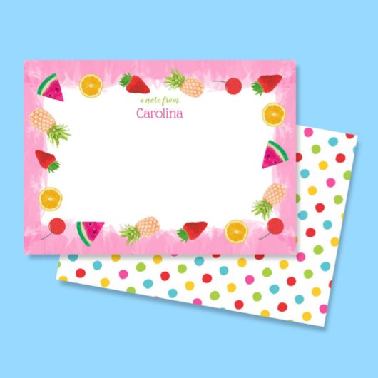かわいい水彩フルーツとドット ピンク文房具 サンキューカード