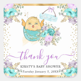 かわいい水彩フローラひよこ&エッグベビーシャワー スクエアシール