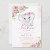 かわいい水彩フローラゾウ女の子ベビーシャワー 招待状 (正面)