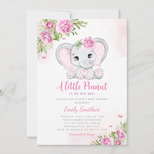 かわいい水彩フローラゾウ女の子ベビーシャワー 招待状 (正面)