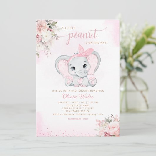 かわいい水彩フローラゾウ女の子ベビーシャワー 招待状 (スタンド正面)