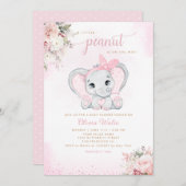 かわいい水彩フローラゾウ女の子ベビーシャワー 招待状 (正面/裏面)