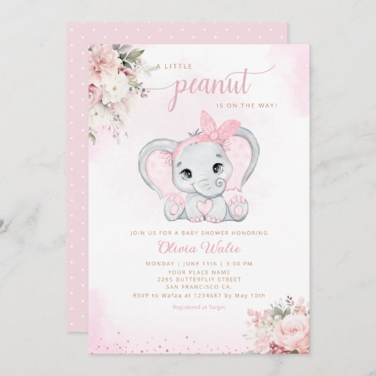かわいい水彩フローラゾウ女の子ベビーシャワー 招待状 (正面/裏面)