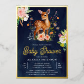 かわいい水彩フローラディアネイビーベイビーシャワー金ゴールド 箔招待状 (正面)