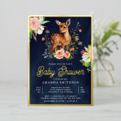 かわいい水彩フローラディアネイビーベイビーシャワー金ゴールド 箔招待状 (立ち正面)