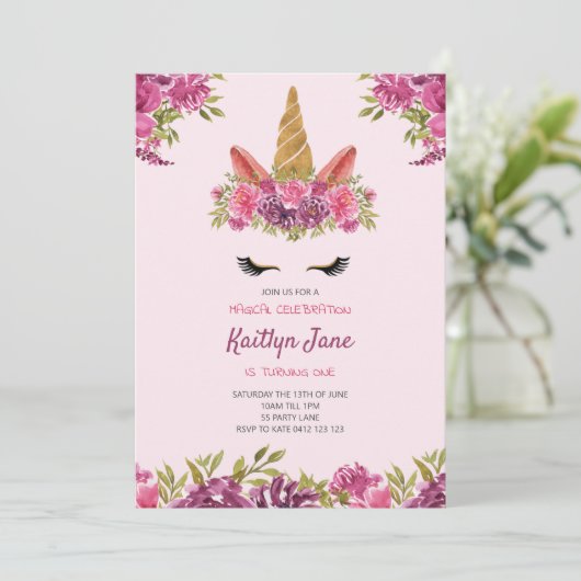 かわいい水彩フローラユニコーンピンク招待状 招待状 (スタンド正面)