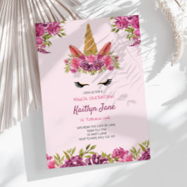 かわいい水彩フローラユニコーンピンク招待状 招待状