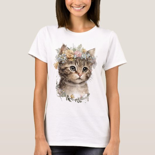 かわいい水彩フローラ子猫 Tシャツ (正面)
