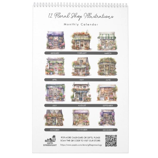 かわいい水彩フローラ店フラワーショップ月次 カレンダー (裏面)