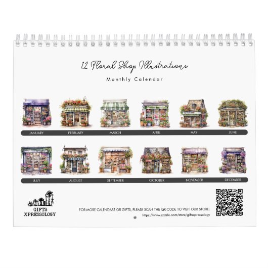 かわいい水彩フローラ店フラワーショップ月次 カレンダー (裏面)