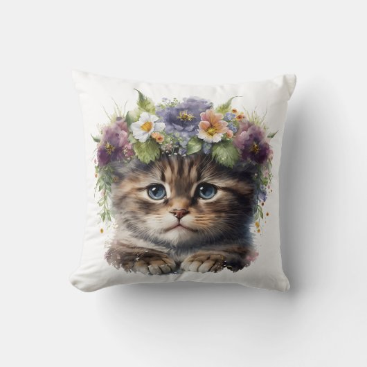 かわいい水彩フローラ猫 クッション (正面)