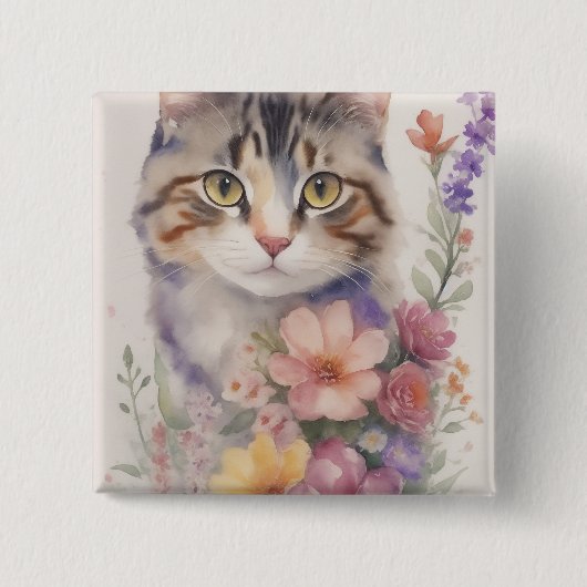 かわいい水彩フローラ猫 缶バッジ (正面)
