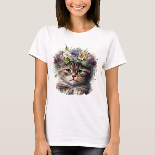 かわいい水彩フローラ猫 Tシャツ (正面)