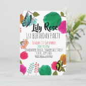かわいい水彩フローラ蝶誕生日招待状 招待状 (スタンド正面)