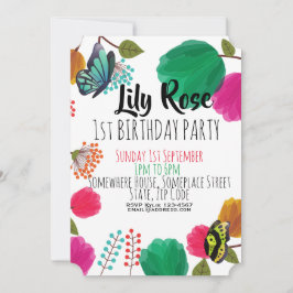 かわいい水彩フローラ蝶誕生日招待状 招待状