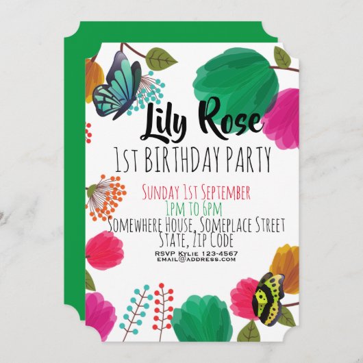かわいい水彩フローラ蝶誕生日招待状 招待状 (正面/裏面)