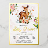 かわいい水彩フローラ鹿ベビーシャワー金ゴールド 箔招待状 (正面)