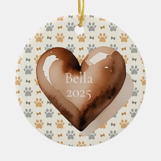 かわいい水彩ブラウン ハート パウプリント ペット セラミックオーナメント (正面)
