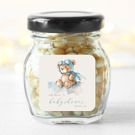 かわいい水彩ブルーのテディベア男の子ベビーシャワー スクエアシール