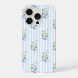 かわいい水彩ブルーベリーのボタニカルストライプ柄 iPhone 15 PROケース