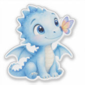 かわいい水彩ベイビードラゴンと蝶のステッカー シール (正面)