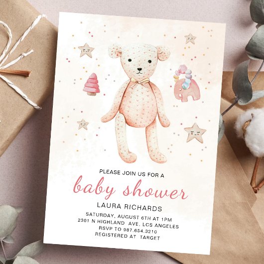 かわいい水彩ベビーおもちゃベビーガールシャワー 招待状