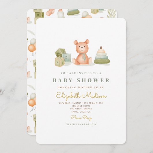 かわいい水彩ベビーおもちゃベビーシャワー 招待状 (正面/裏面)