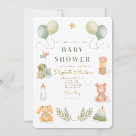 かわいい水彩ベビーおもちゃベビーシャワー 招待状 (正面)