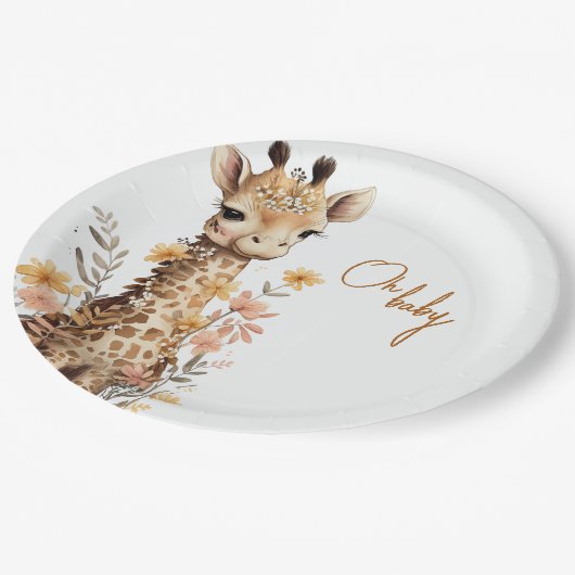 かわいい水彩ベビーキリン赤ちゃんシャワー ペーパープレート (アングル)