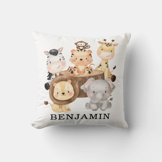 かわいい水彩ベビーサファリ動物子供部屋 クッション (正面)