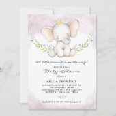 かわいい水彩ベビーゾウ女の子ベビーシャワー 招待状 (正面)